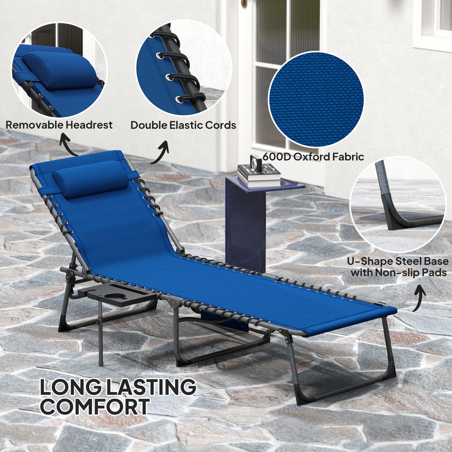 Outsunny Five Position Reclining Sun Lounger Dark Blue Patio Adjustable Lounger With Powder Coated Steel Frame