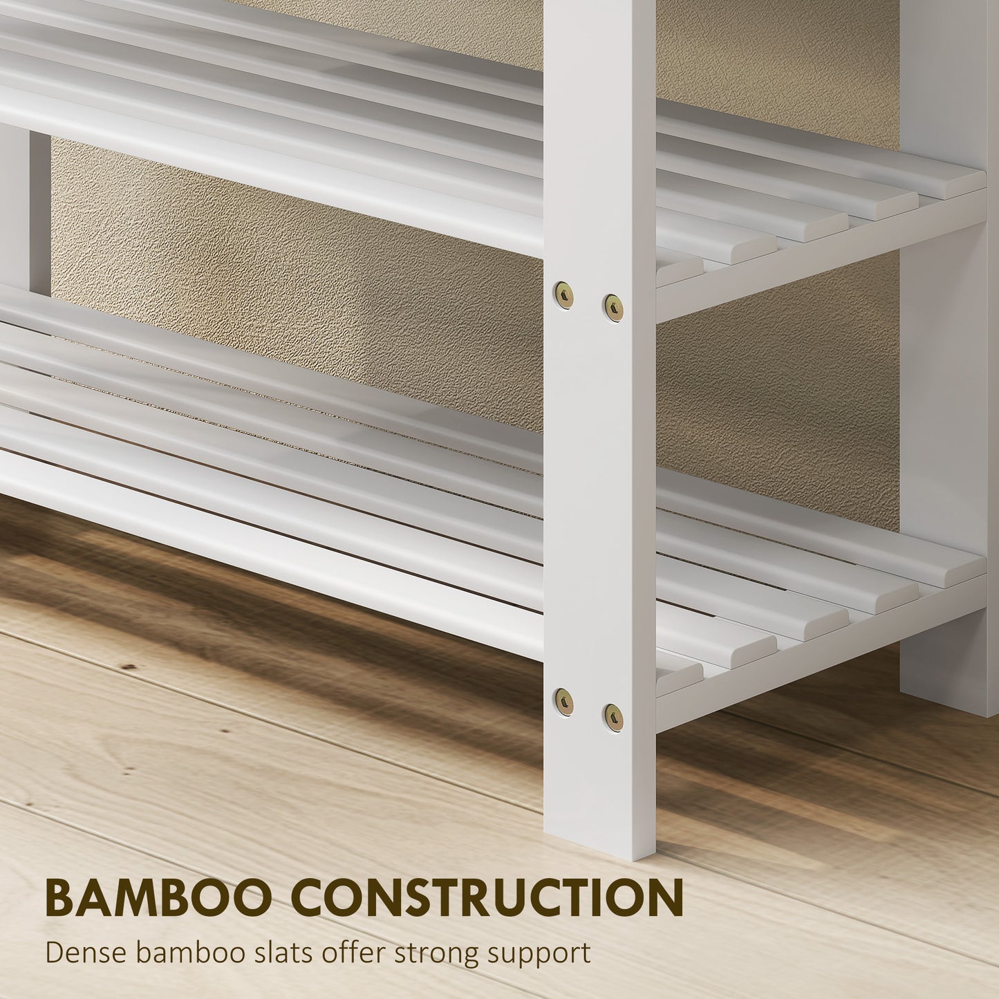 HOMCOM Bamboo Shoe Storage Bench With Two Shelves White Finish Ideal Entryway Organizer For Shoes And Boots