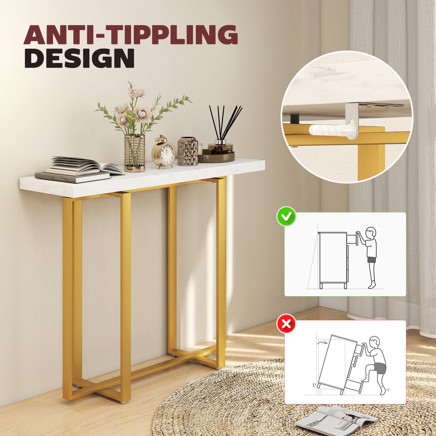 HOMCOM Console Table With Faux Marble Top 100 Cm Narrow Entryway Table Anti Tipping Device Steel Frame White