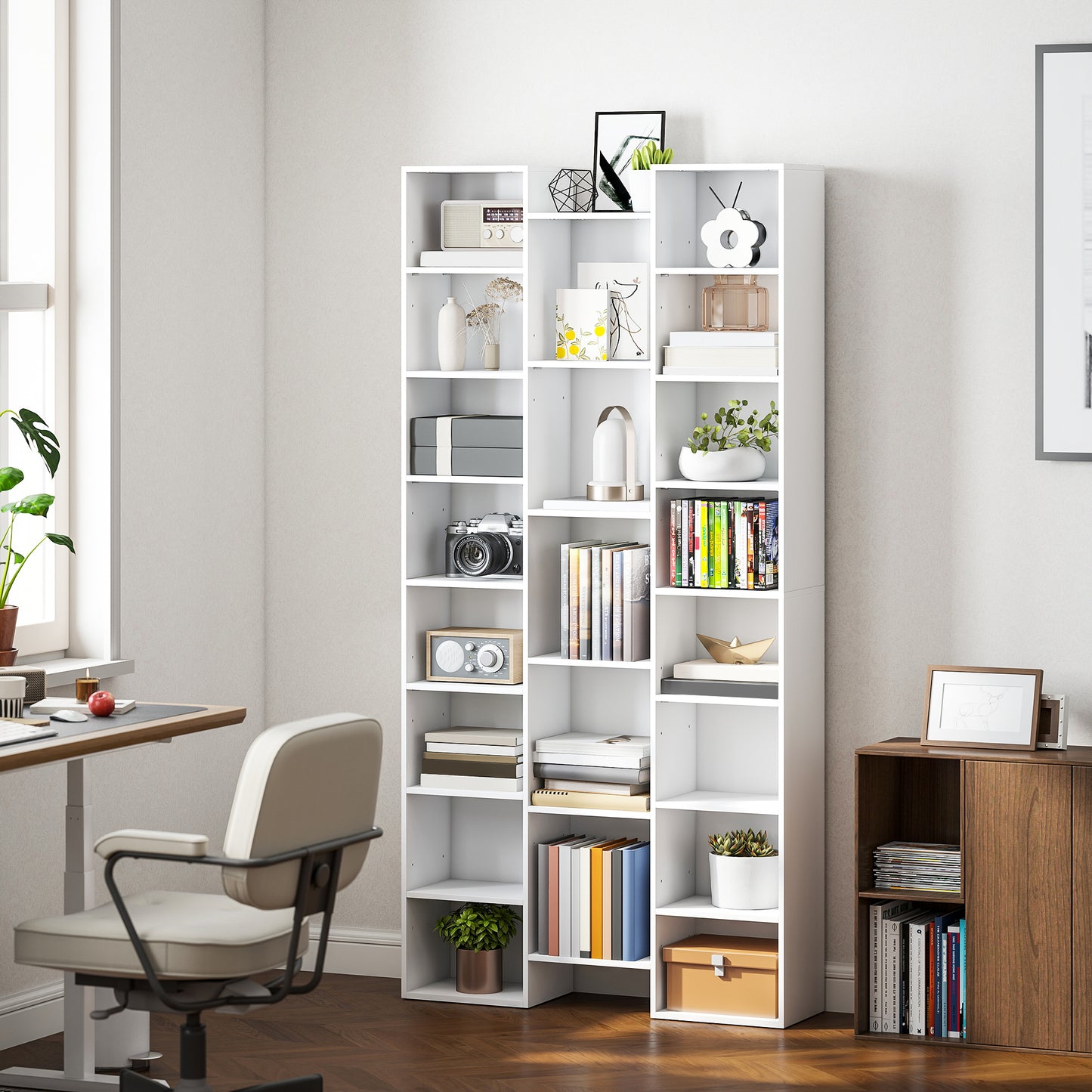 HOMCOM 21 Compartment Tall Bookshelf White With Adjustable Shelves For Living Room Storage
