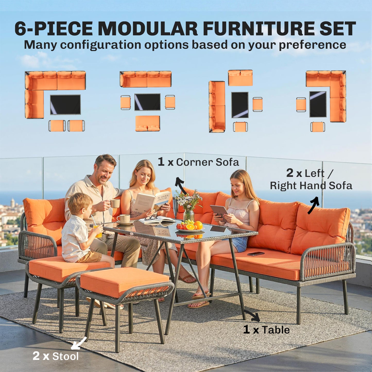 Outsunny 6 Piece Rattan Garden Furniture Set 8 Seater With Corner Sofa Cushions And Glass Top Table Orange