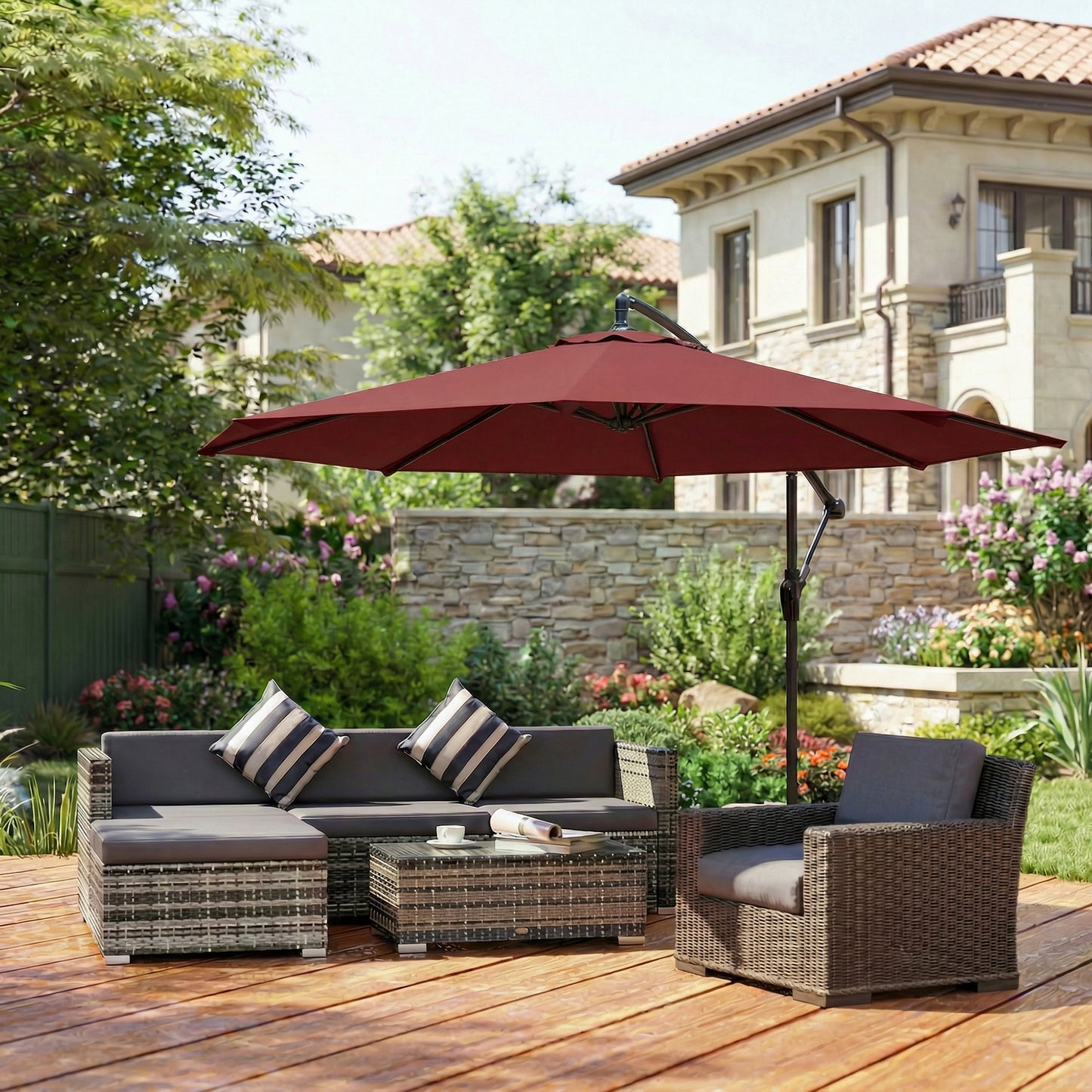Outsunny 3 M Overhanging Cantilever Parasol With Cross Base In Wine Red UV Resistant