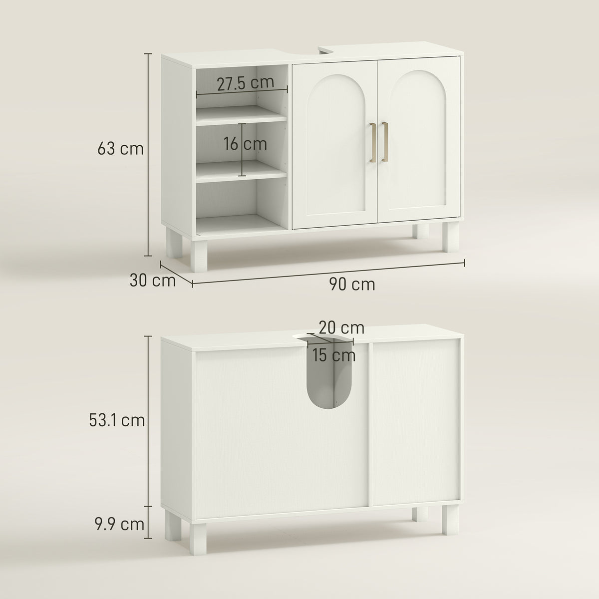 Cream bathroom under-sink cabinet with U-shaped cutout and cabinet dimensions