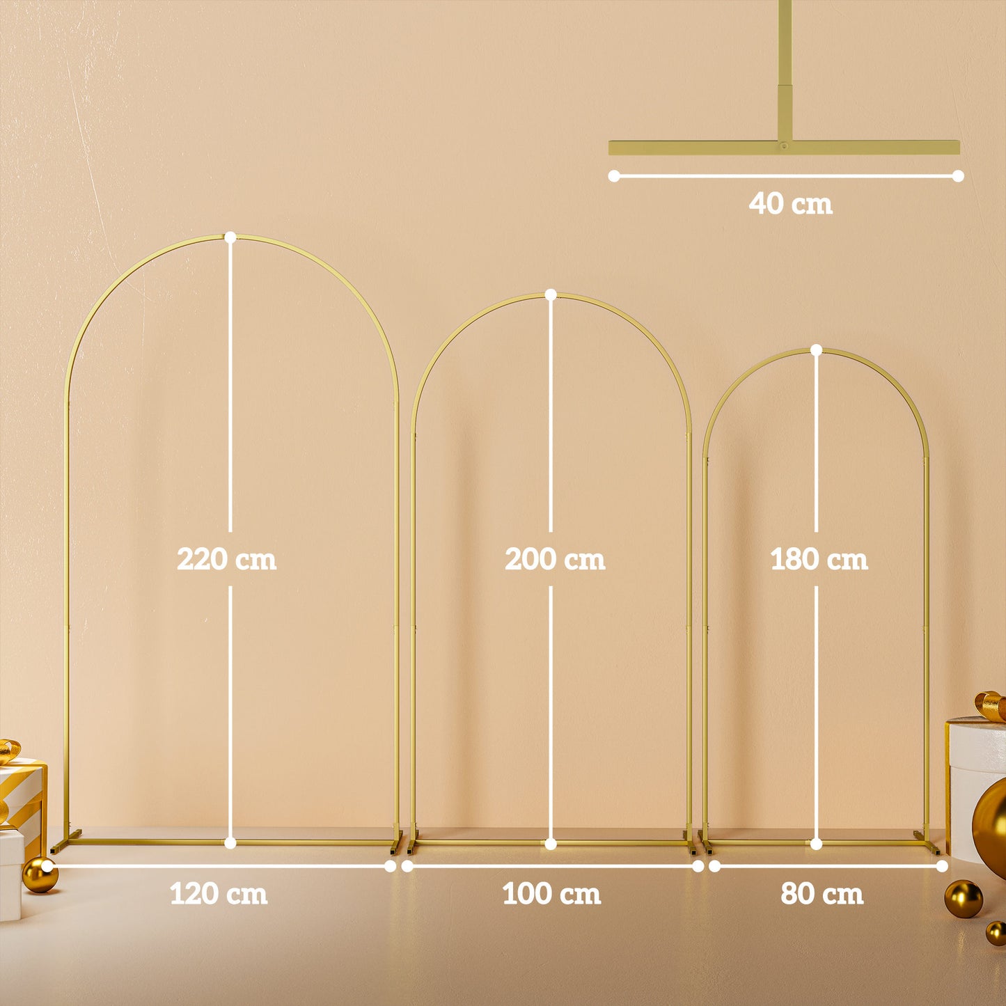 Outsunny Wedding Arch Frame Set 3 Metal Backdrop Stands Gold Tone 1.8m 2m 2.2m Balloon Stand Set For Parties