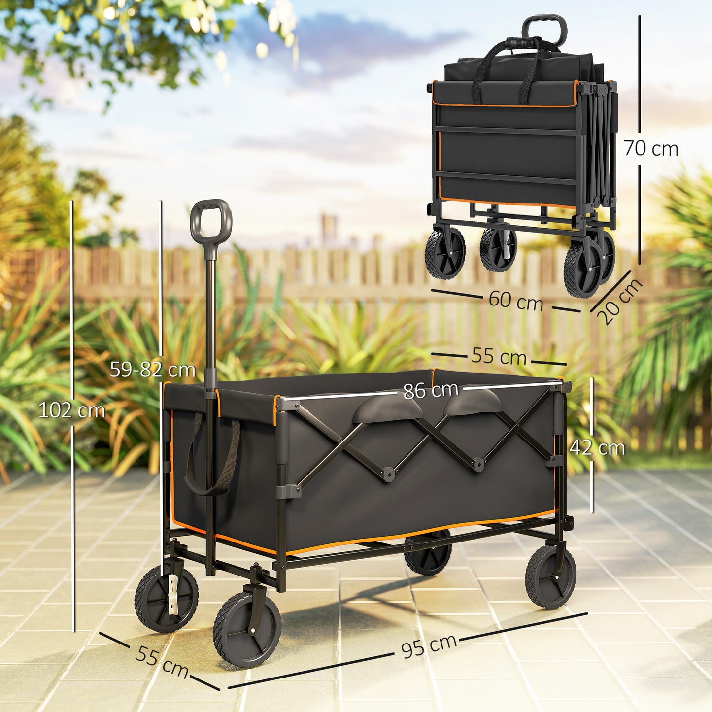 Outsunny 160L Festival Trolley On Wheels Folding Camping Cart With Tailgate 100kg Carry Bag Black And Orange