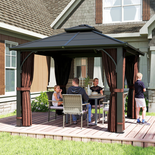 Outsunny 3x3m Hardtop Gazebo With 7mm Polycarbonate Double Tier Roof Garden Patio Mosquito Netting Curtains Brown