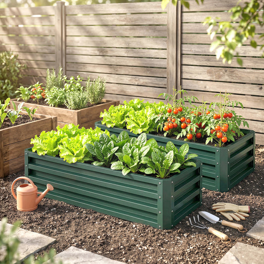 Outsunny Set Of Two 110 x 65cm Steel Planter Boxes Green Raised Garden Planters
