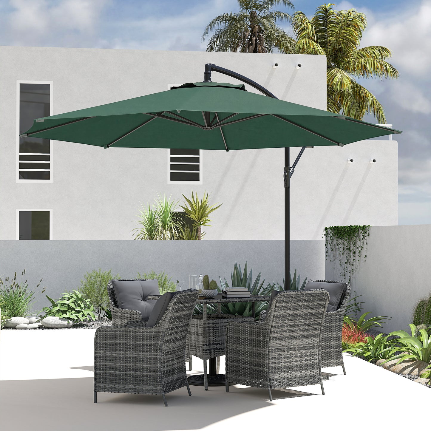 Outsunny 3 M Overhanging Cantilever Parasol With Cross Base Dark Green UV Resistant Outdoor Garden Shade