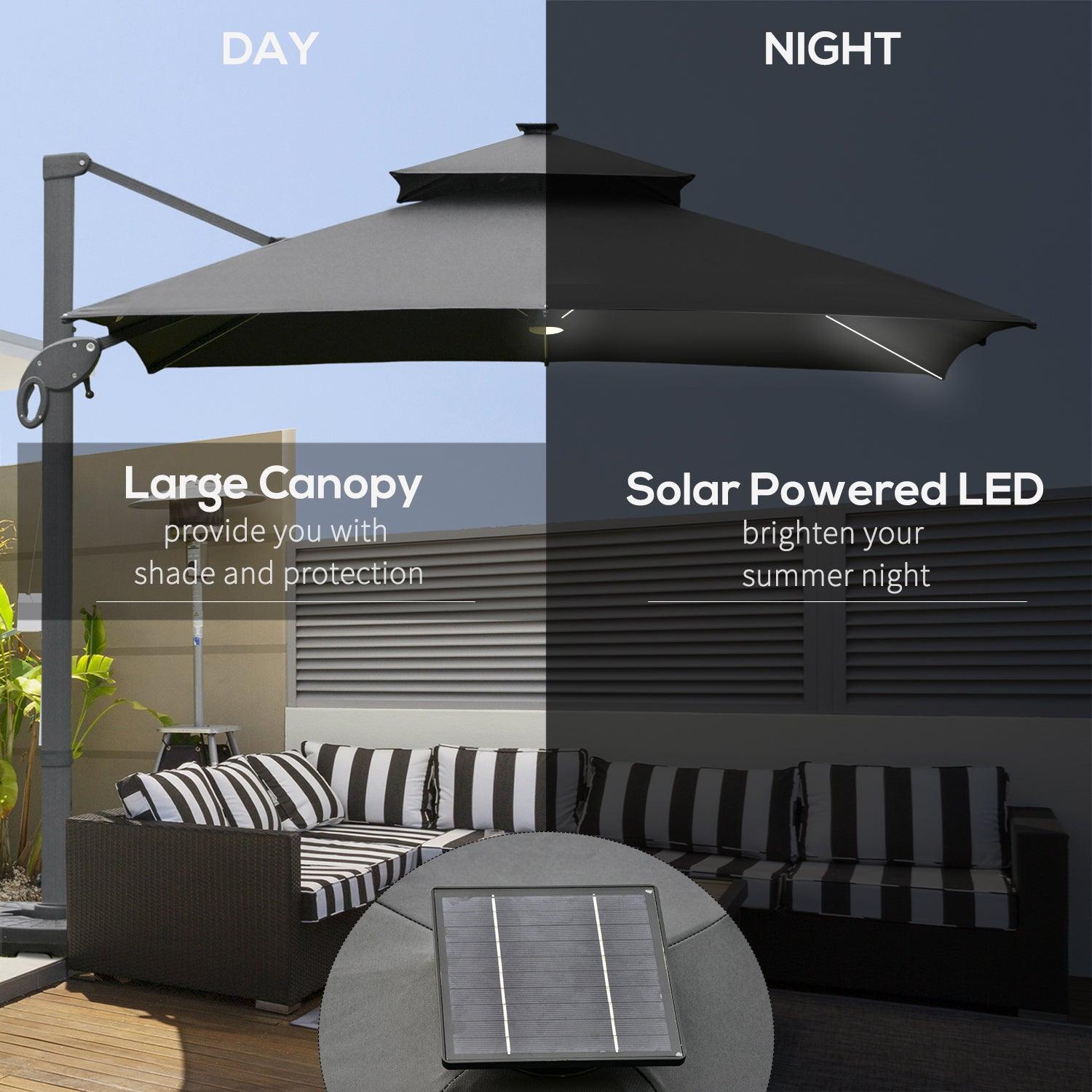 Outsunny 3x3m Cantilever Roma Parasol with LED Solar Light - Dark Gray - ALL4U RETAILER LTD