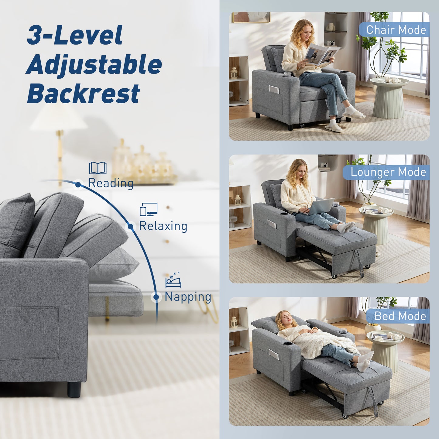 HOMCOM 3-In-1 Sofa Bed Armchair to Lounger to Bed Dark Grey 95 X 190 Cm Bed Size