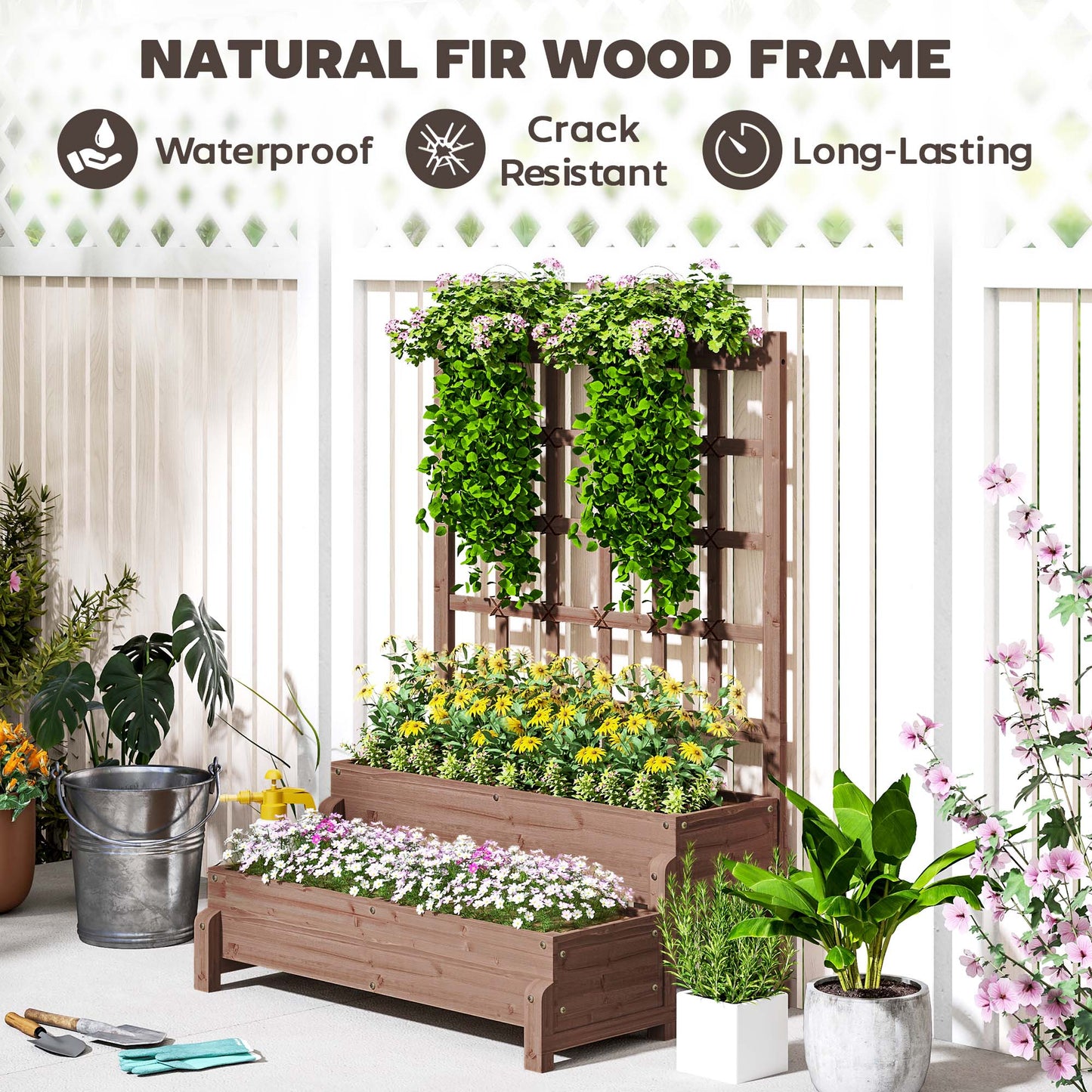 Outsunny 2 Tier Raised Garden Bed With Trellis Wooden Planter Box Drainage Holes For Climbing Plants