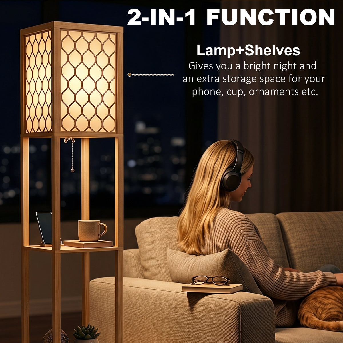 Dual head floor lamp with open shelves and glowing lattice lamp shade panels