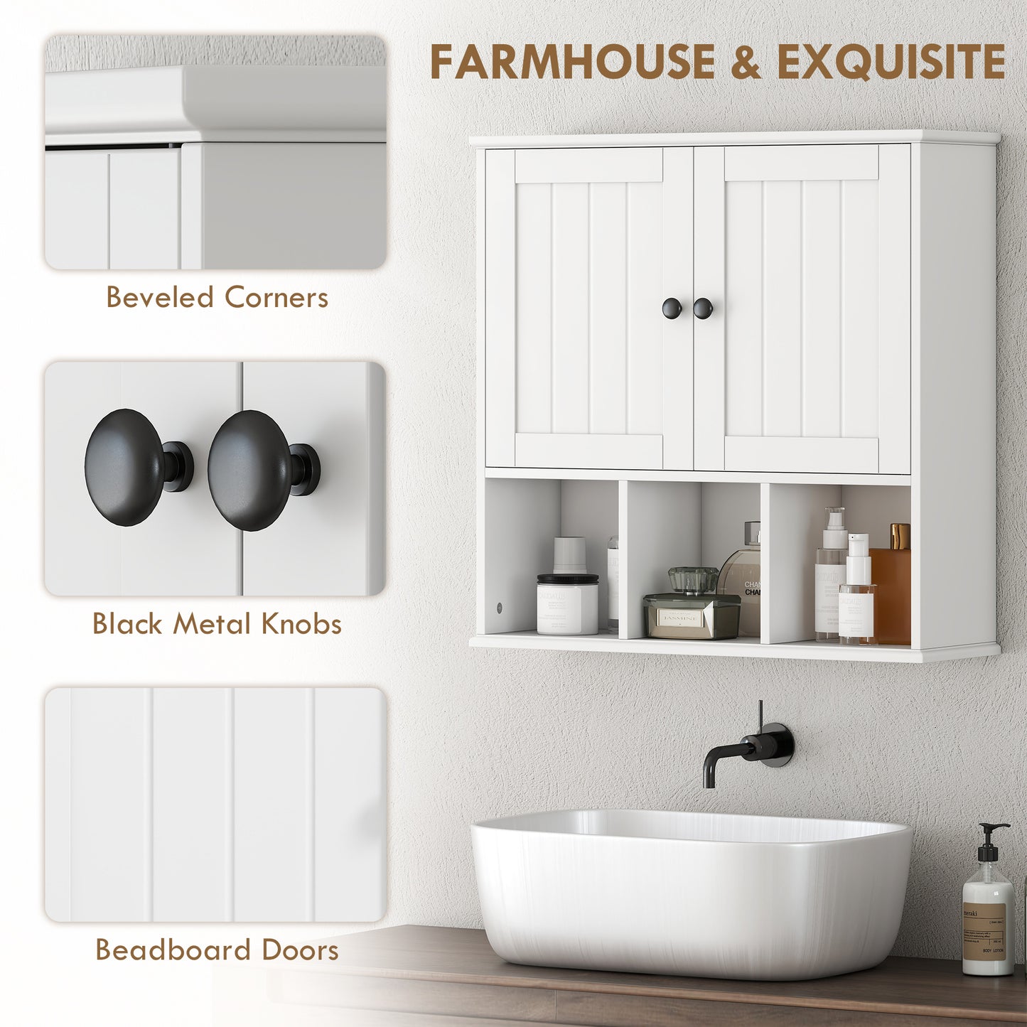 HOMCOM Farmhouse Wall Mounted Bathroom Cabinet With Adjustable Shelf Double Doors Open Compartments White