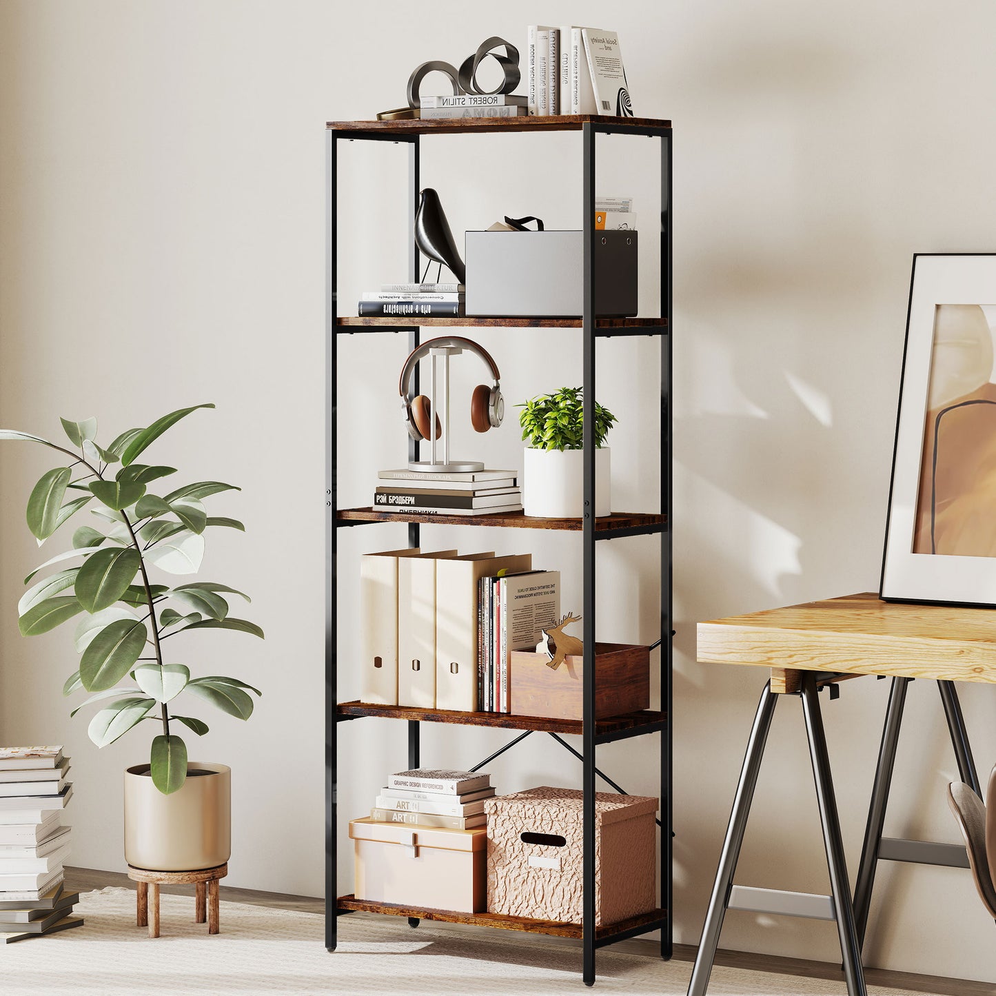 HOMCOM Five Tier Bookshelf Industrial Bookcase With Metal Frame Rustic Brown And Black