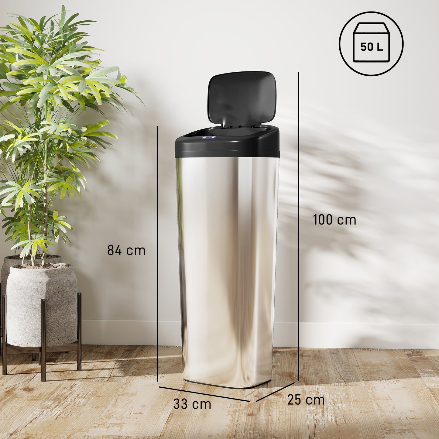HOMCOM 50L Stainless Steel Sensor Bin With Slim Design And Silver Tone Finish For Easy Bag Changes