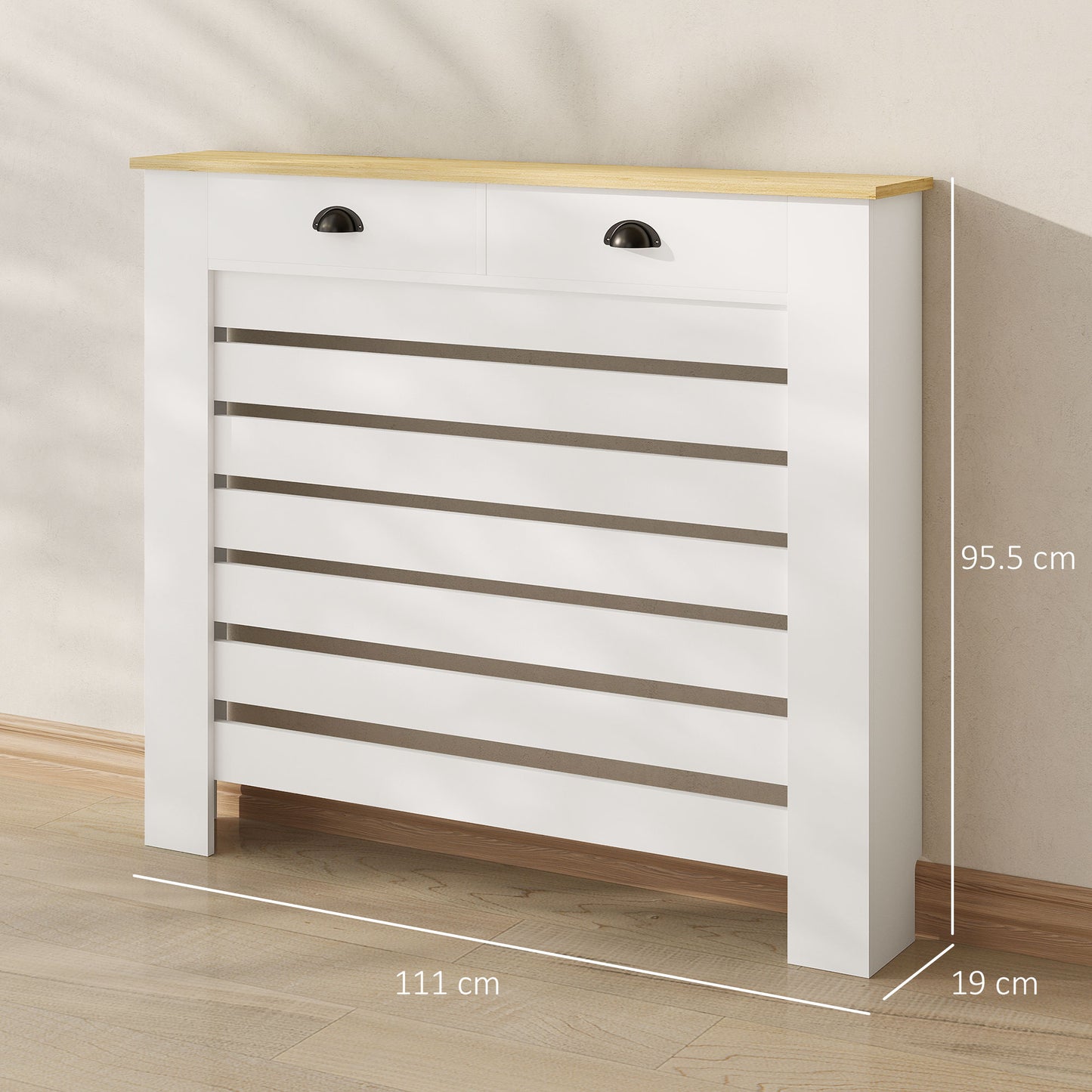 HOMCOM Slim Radiator Cover With Drawer White Slatted Design 95.5 H x 111 W cm MDF and Particle Board