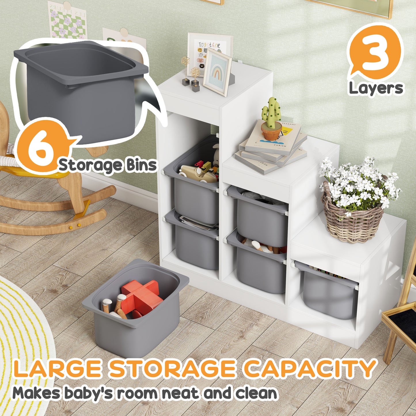 AIYAPLAY Three Layer Toy Storage Organizer With Removable Bins For Kids Ages 3 To 8 Grey
