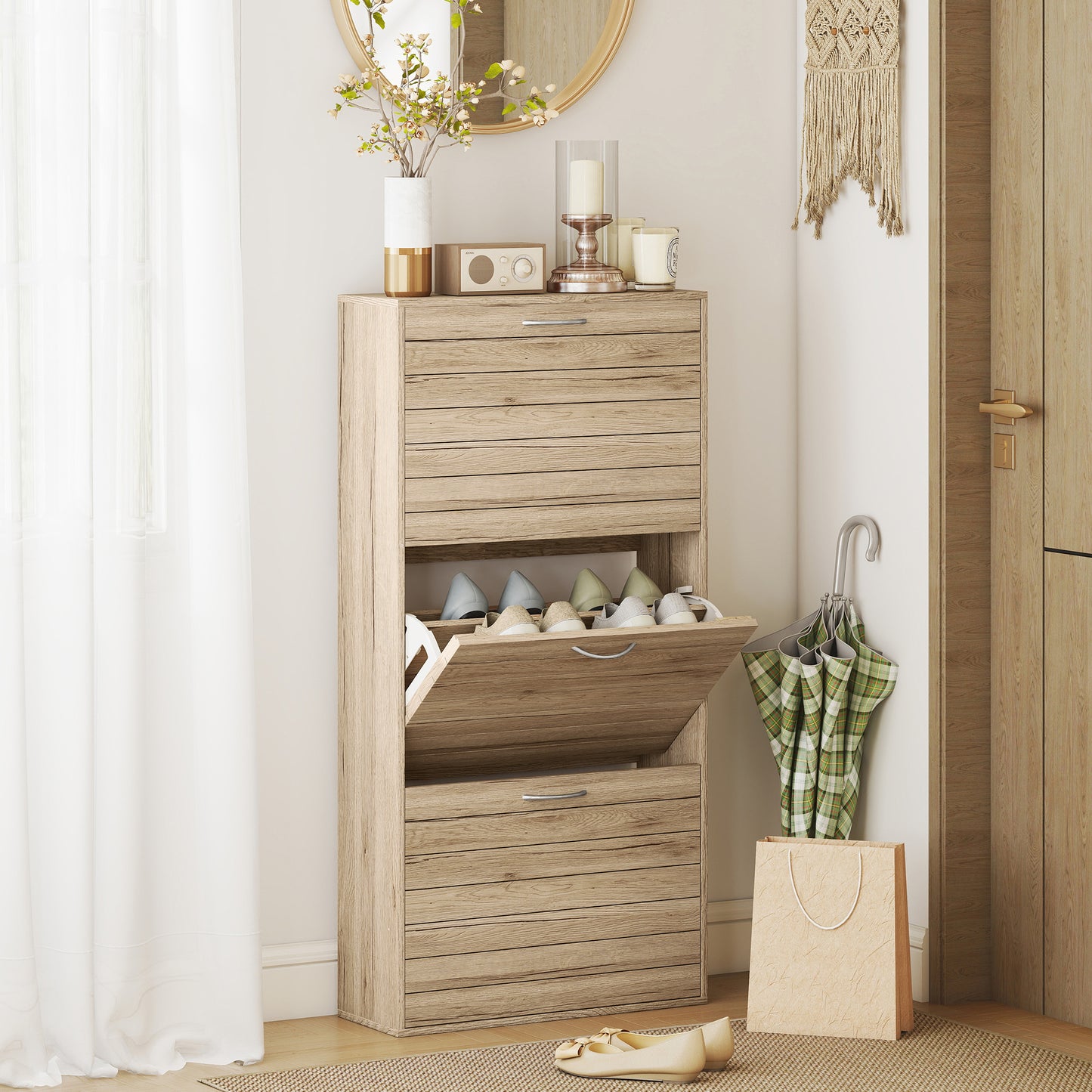 HOMCOM 12 Shoe Flip Drawer Storage Cabinet Slim Brown Wood Effect For Narrow Spaces Holds 12 Pairs