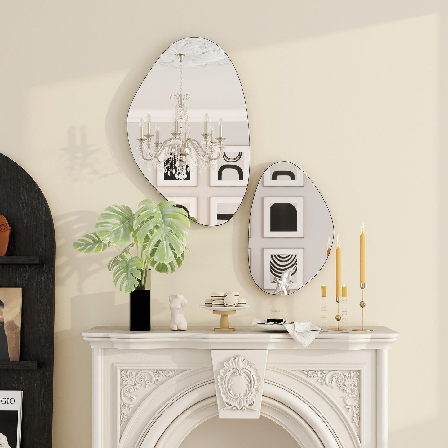 HOMCOM Pebble Shaped Wall Mirror Set Of 2 In Black With Metal Frame And MDF Construction