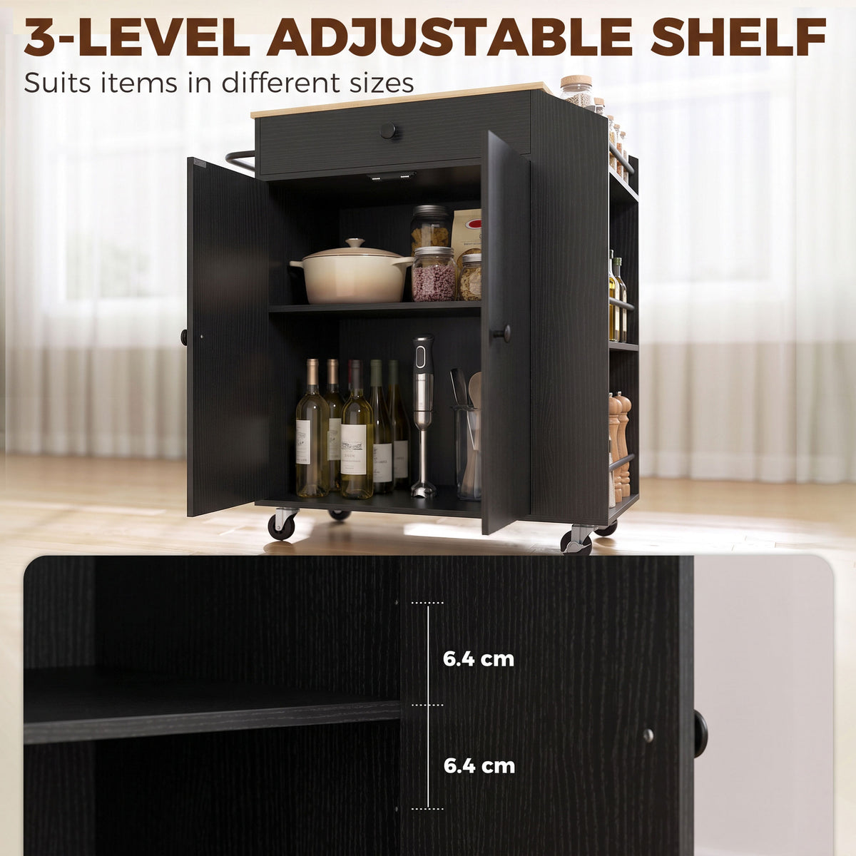 Rolling kitchen island cart with drawer and spice rack shelves, dark wood finish