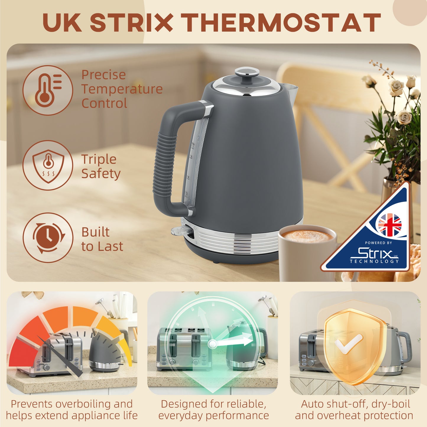 HOMCOM Stainless Steel Panel Kettle and Toaster Set 1.7L With UK Strix Thermostat Grey