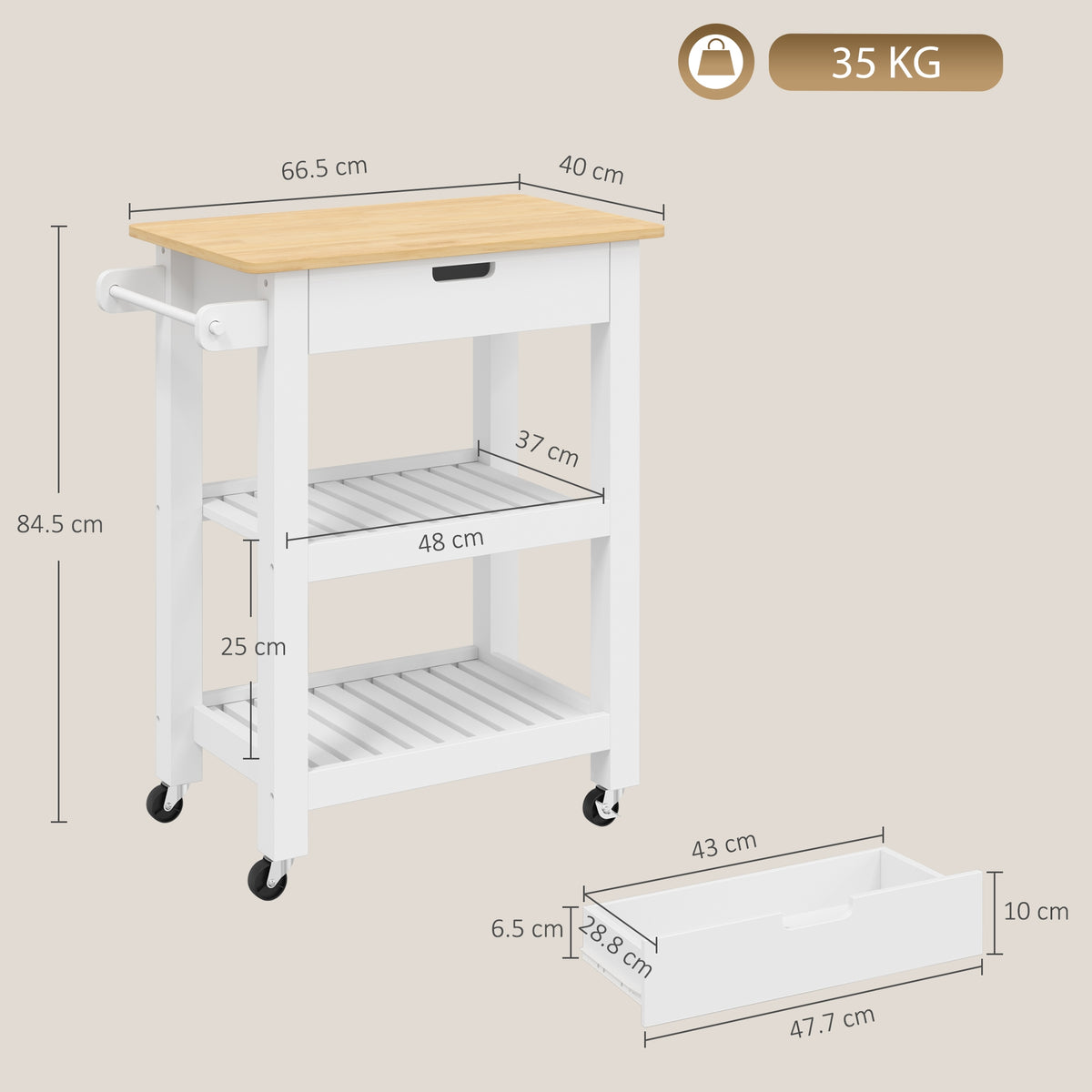 HOMCOM Kitchen Rolling Trolley With Rubberwood Top And Drawer