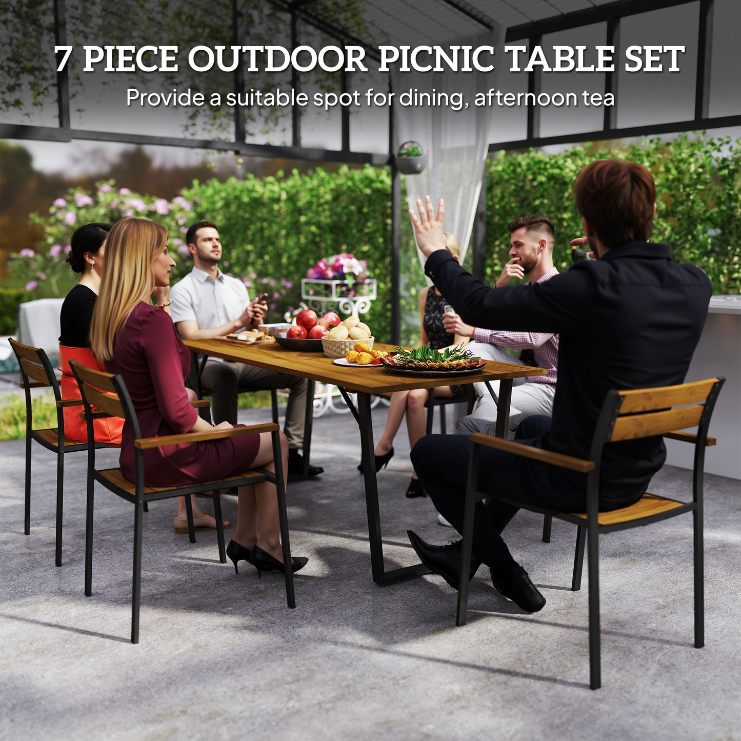 Outsunny Seven Piece Wood Panel Patio Dining Set With Table And Six Stacking Chairs Brown Black