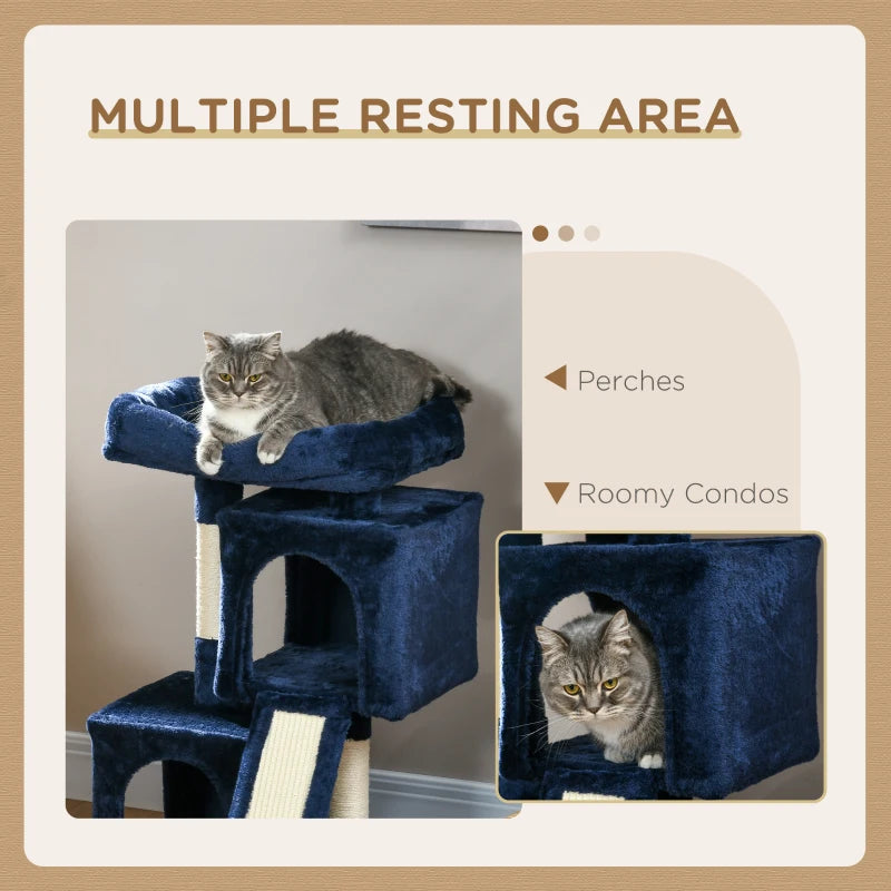 PawHut Navy Blue Sisal Cat Rest & Play Activity Tree with 2 Houses - Interactive Cat Tower - ALL4U RETAILER LTD