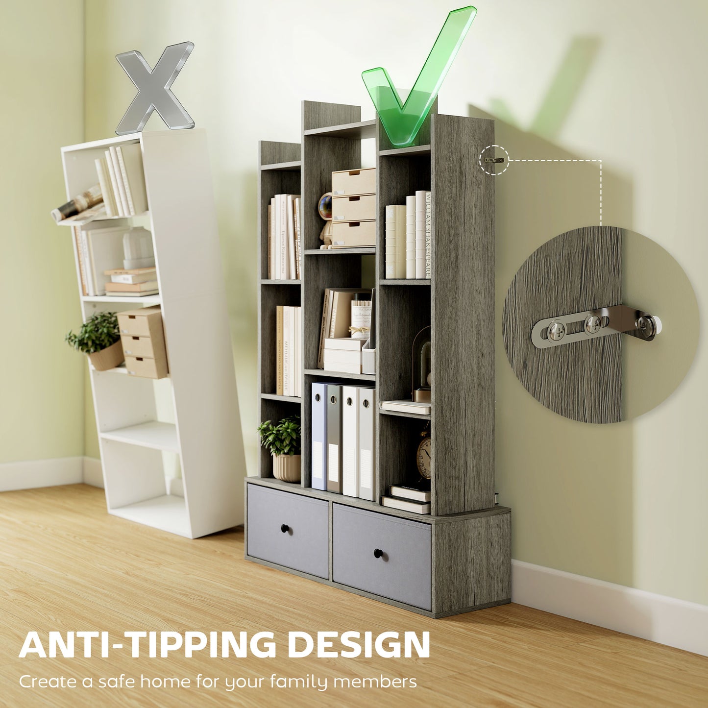 HOMCOM 12 Shelf Storage Unit With Drawers Graphite Wood Effect Anti Tip Kit For Stable Family Safe Home Organization