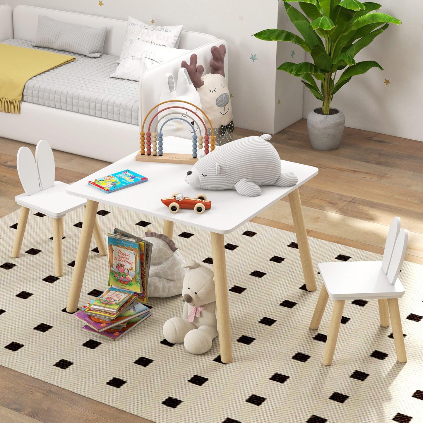 HOMCOM Adorable Bunny Ear Toddler Table and Chair Set - 3 Pcs Kids Desk with Chairs for Playroom or Nursery - ALL4U RETAILER LTD