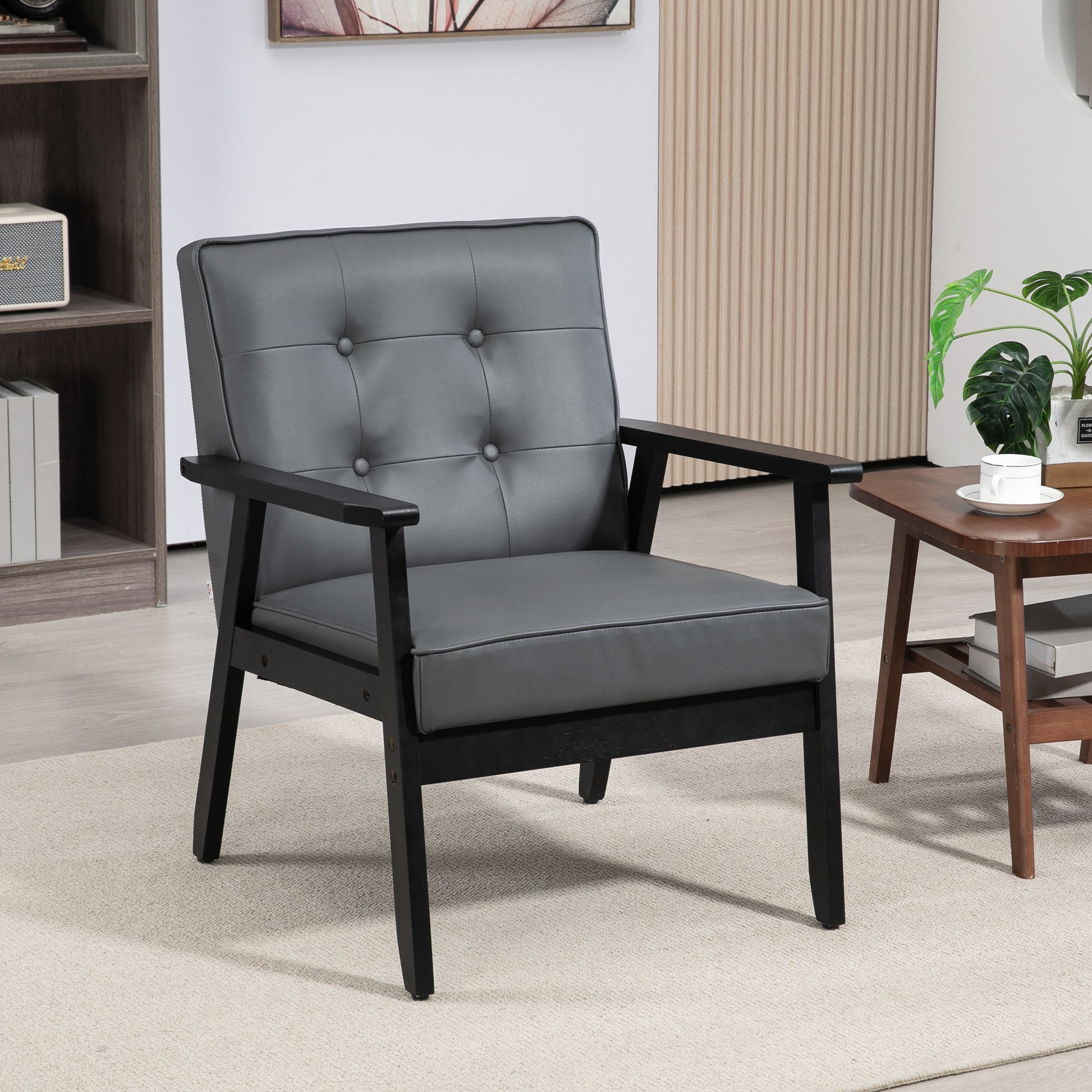 HOMCOM Accent Chair PU Leather Armchair Occasional Chair Beech Wood Frame Living Room Reception Bedroom Balcony Grey Black - ALL4U RETAILER LTD