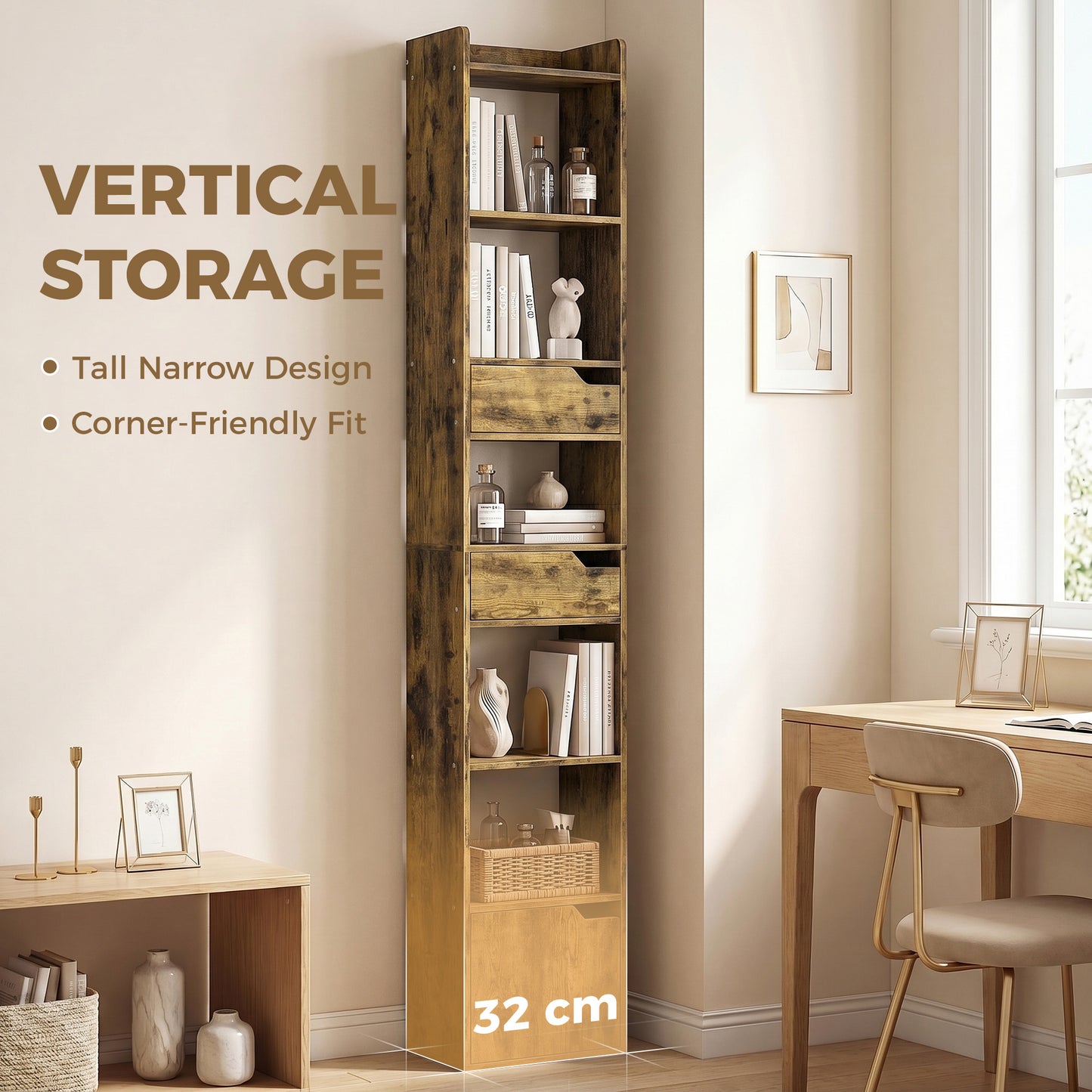 HOMCOM Tall Narrow Bookcase With 5 Tiers Drawers Freestanding Bookshelf Storage Cabinet for Living Room Rustic Brown