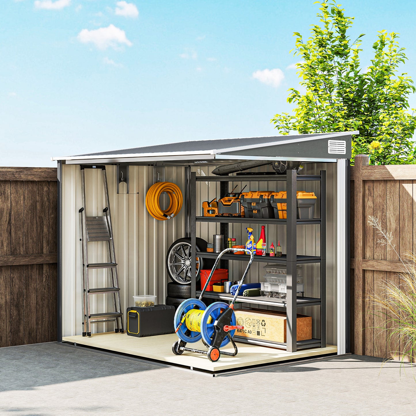 Outsunny 7 x 5ft Galvanised Metal Shed With Sliding Door For Outdoor Storage Light Grey