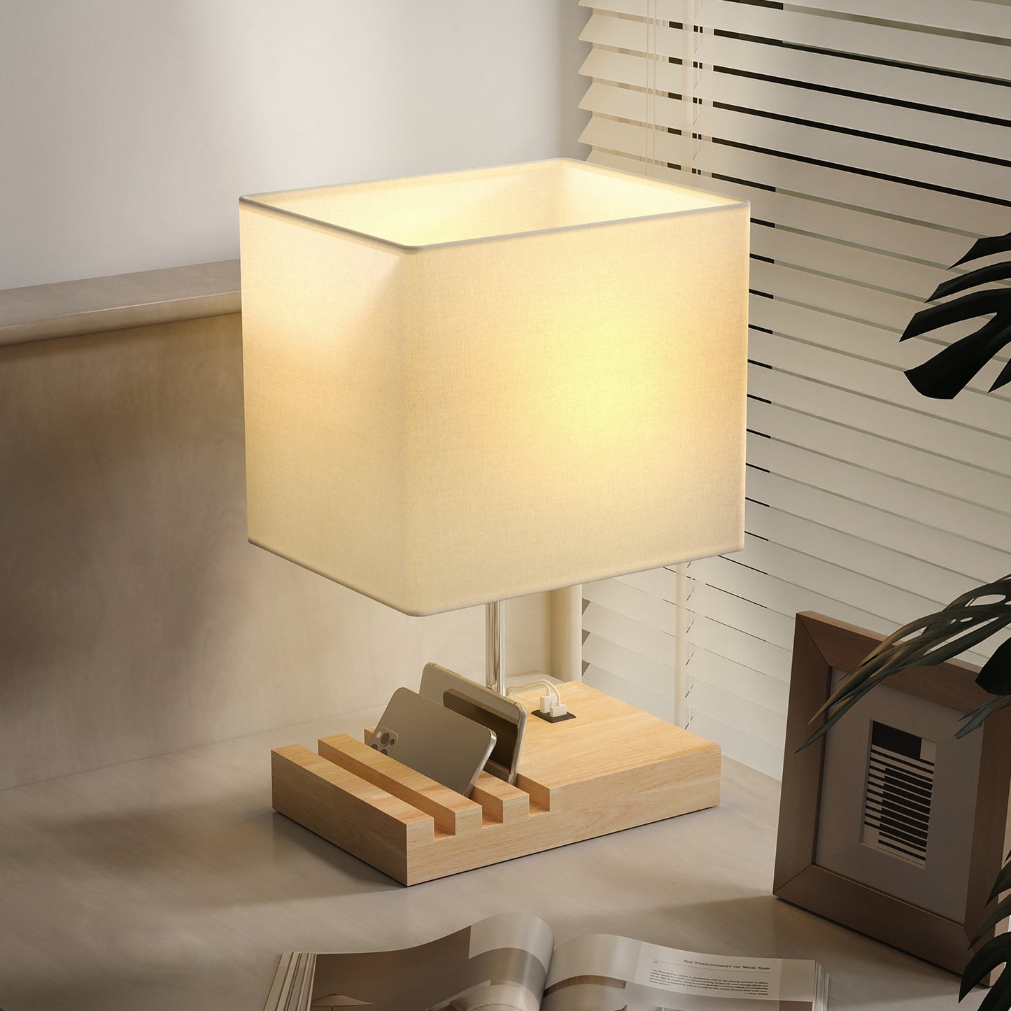 HOMCOM Bedside Lamp With USB A C Ports And Three Phone Stands, Modern Wood Base Fabric Shade E27 Socket, White
