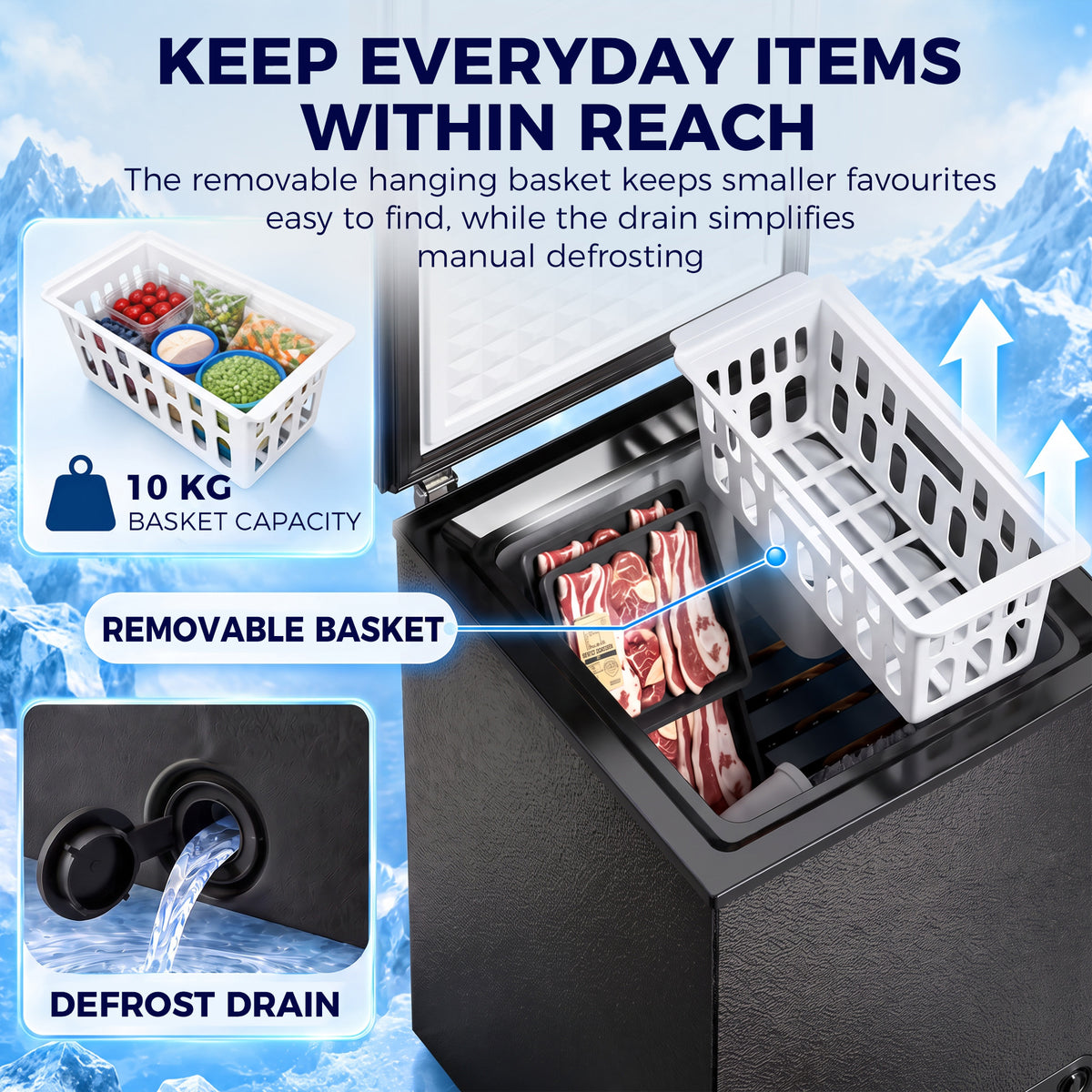 Black chest freezer with removable hanging basket and interior drain area