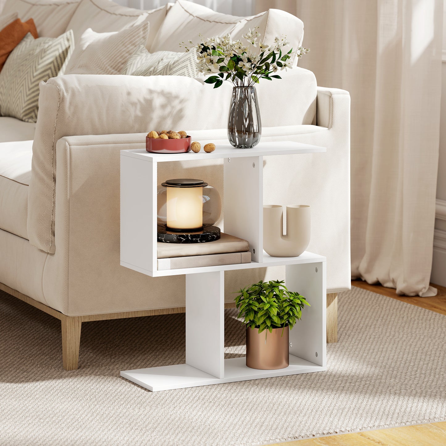 HOMCOM S Shaped Side Table With Storage Shelves Narrow End Table 3 Tier White 50W 19D 58H