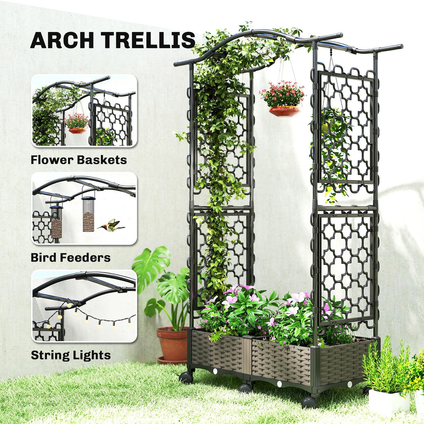 Outsunny Raised Garden Bed with Arch Trellis on Wheels Self Watering Planter Box with Side Trellis