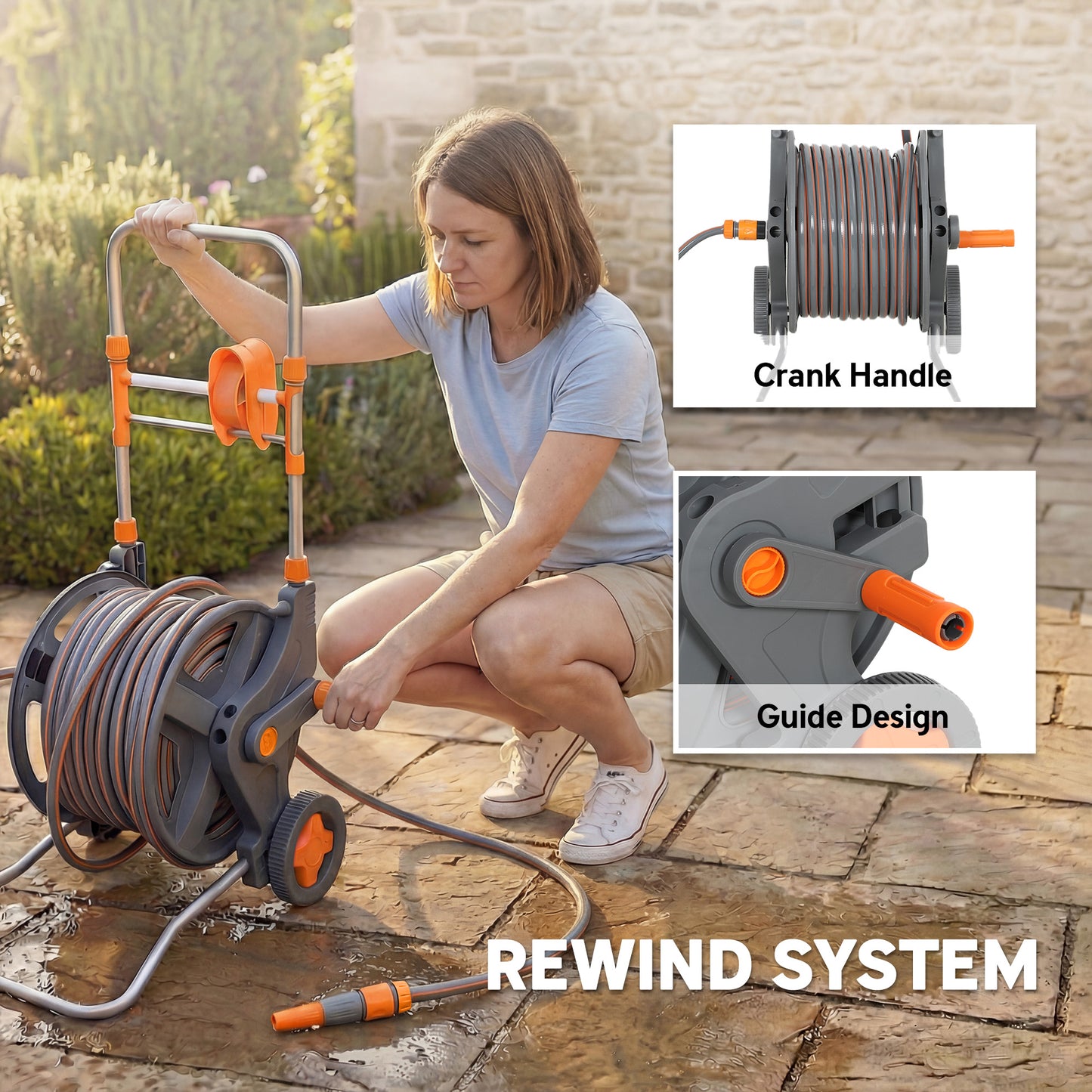 Outsunny Hose Reel Cart With Wheels 45m Garden Hose Reel With 2 Pattern Nozzles And Rewind Handle Orange