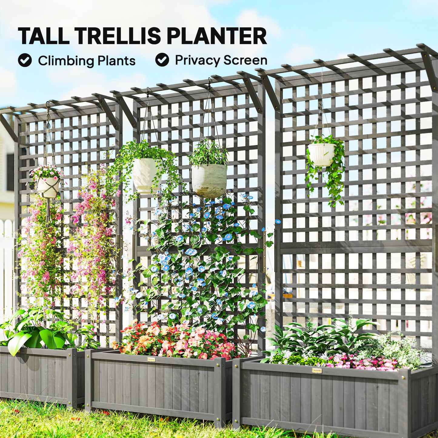 Outsunny Raised Bed Planter With Trellis For Climbing Plants Drainage Holes Dark Grey Fir Wood Planter