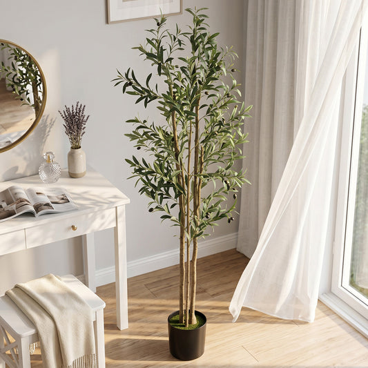 HOMCOM 175 Cm Decorative Artificial Olive Tree Cement Pot With 787 Leaves Realistic Fake Plant