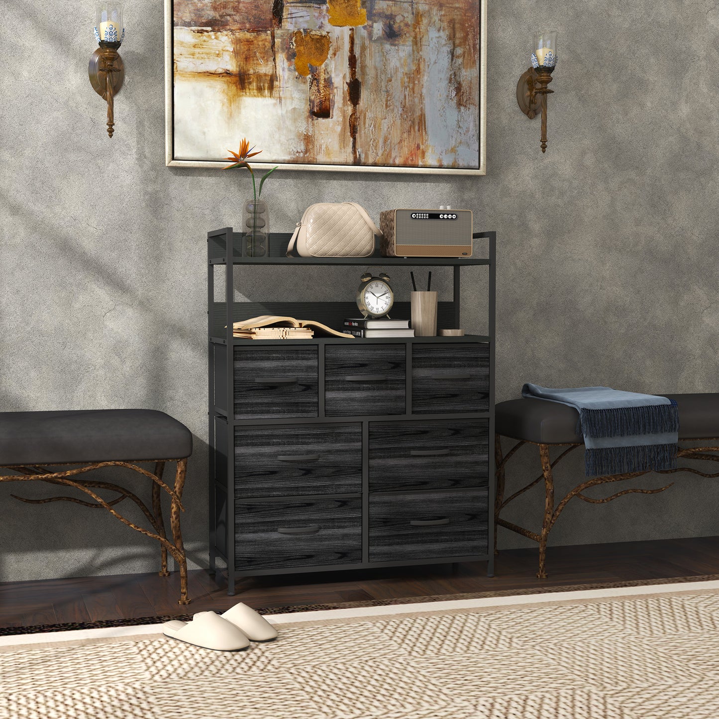 HOMCOM Rustic Chest of Seven Fabric Drawers in Black for Bedroom Storage Solutions