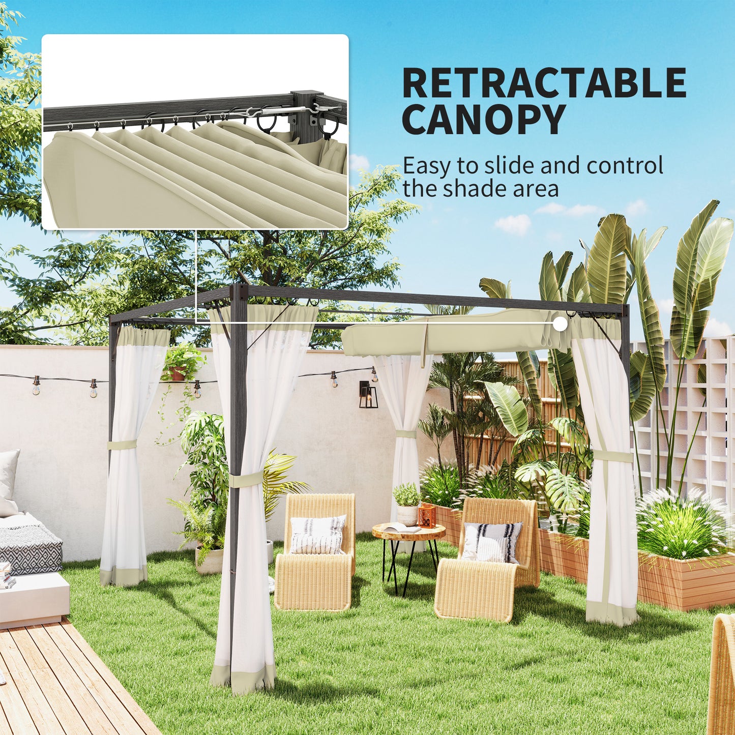 Outsunny 3 x 3m Aluminium Frame Pergola With Retractable Roof For Outdoor Shade Shelter Khaki