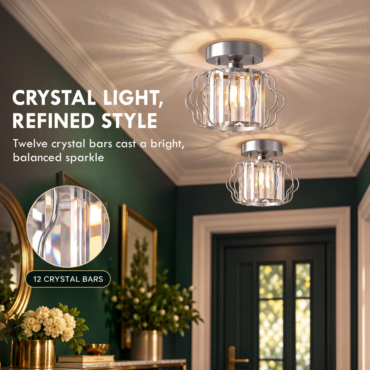 Semi-flush ceiling light with clear crystal bars and metal cage