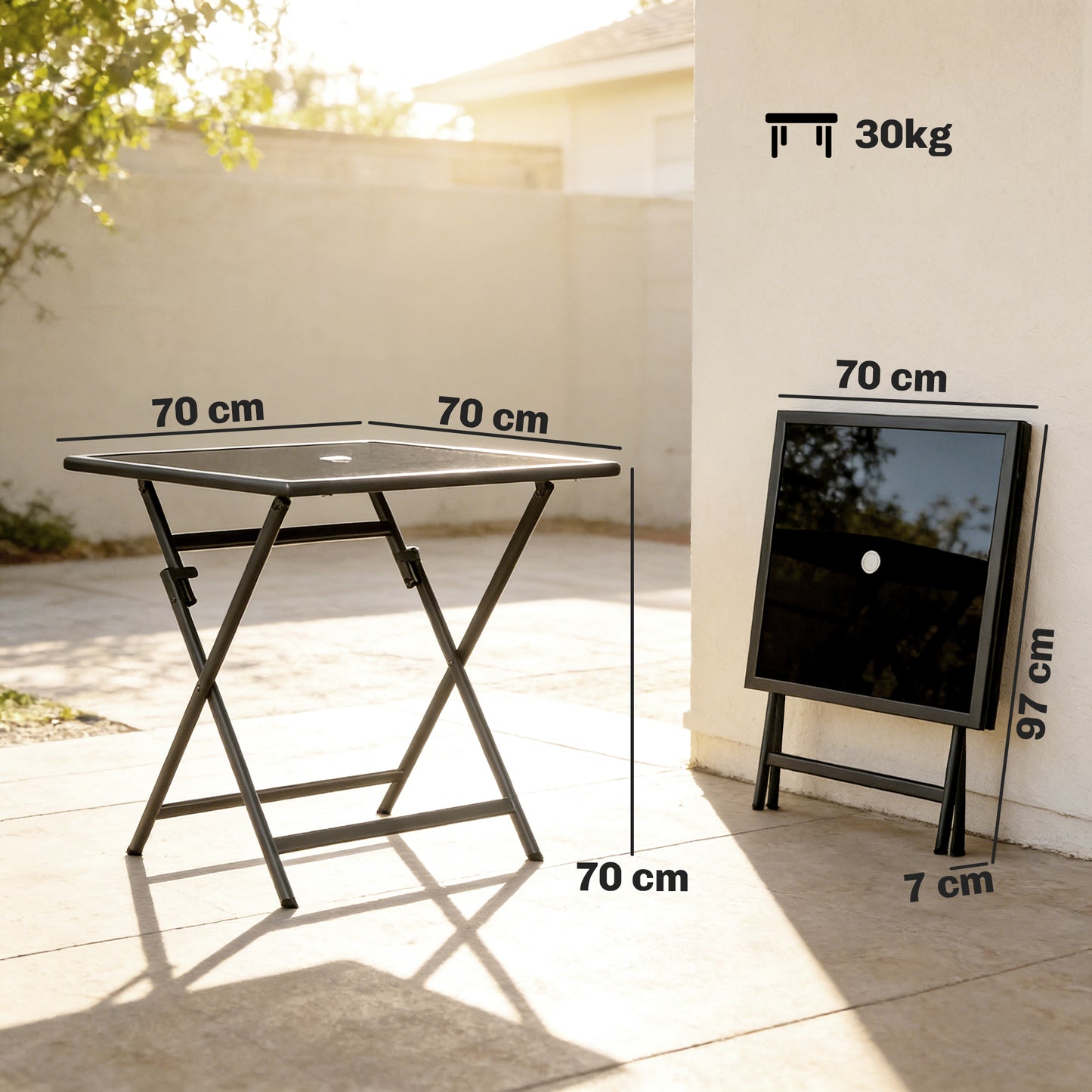 Outsunny Folding Outdoor Dining Table Square Garden Table With Tempered Glass Top Parasol Hole 70x70x70 cm