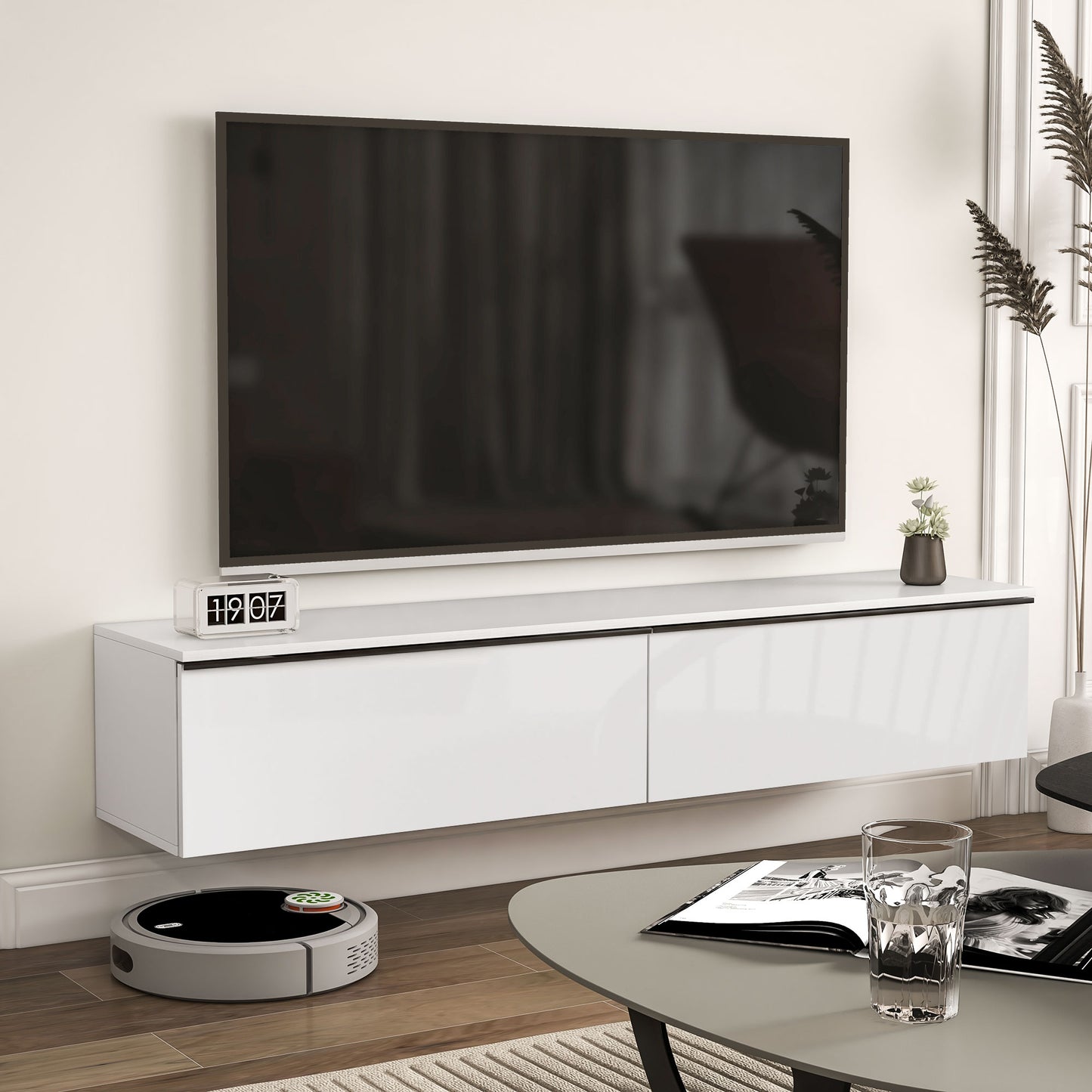 HOMCOM Sleek White Wall-Mounted Floating TV Stand for 70" TVs with Storage Cabinets, 160cm High Gloss Design - ALL4U RETAILER LTD