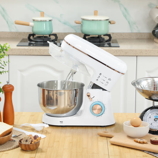 HOMCOM Stand Mixer 1400W Six Speed Pulse 5L Stainless Steel Bowl With Dough Hook Whisk Splash Guard Tilt Head