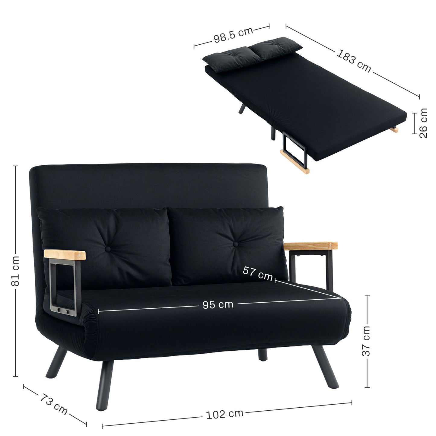 HOMCOM 4-In-1 Velvet-Feel Double Sofa Bed With Pillows Black Steel Frame Five-Position Backrest Cushioned For Comfort