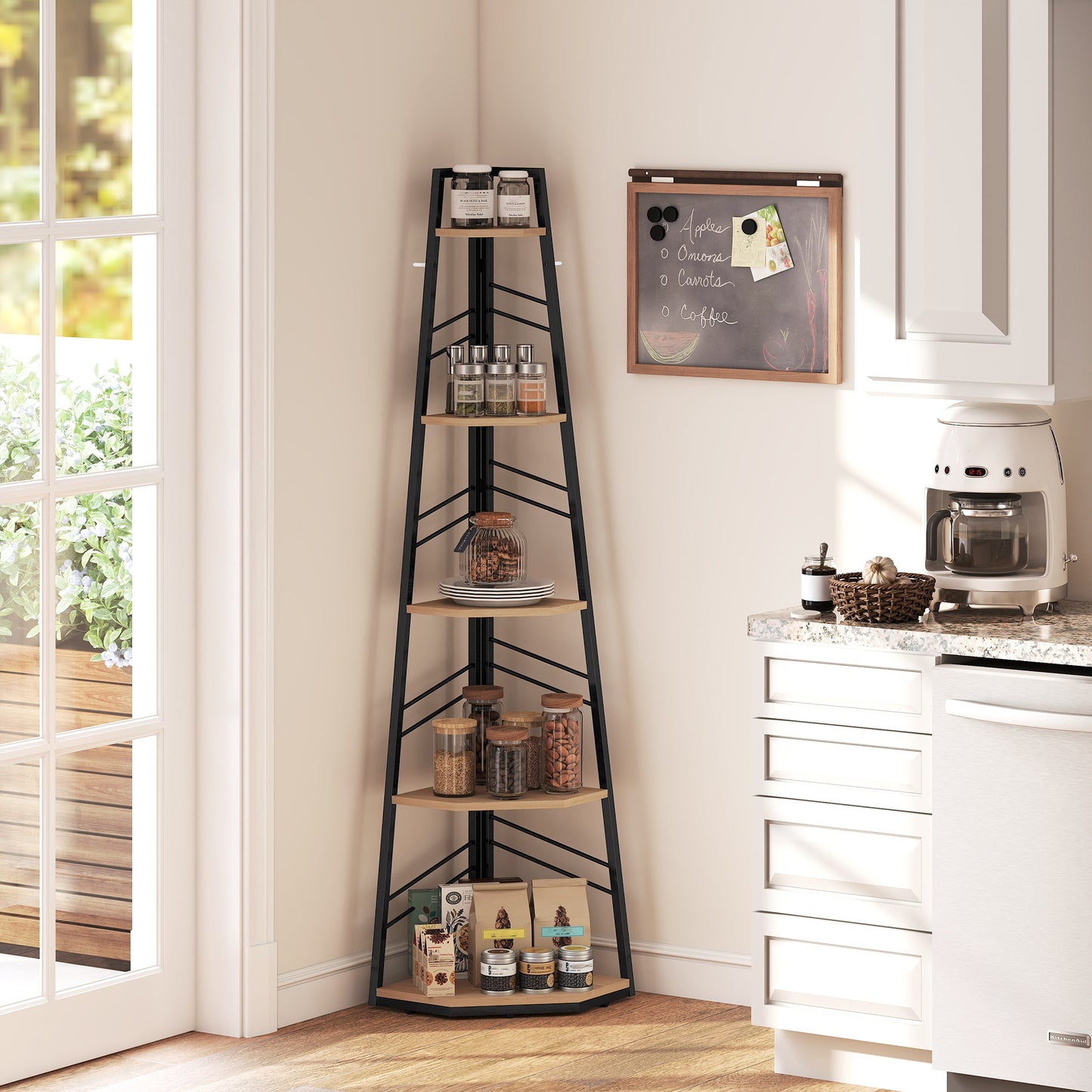 HOMCOM Corner Bookcase Five Tier Floor Standing Bookshelf Shelving Unit for Living Room Study Bedroom Natural Wood