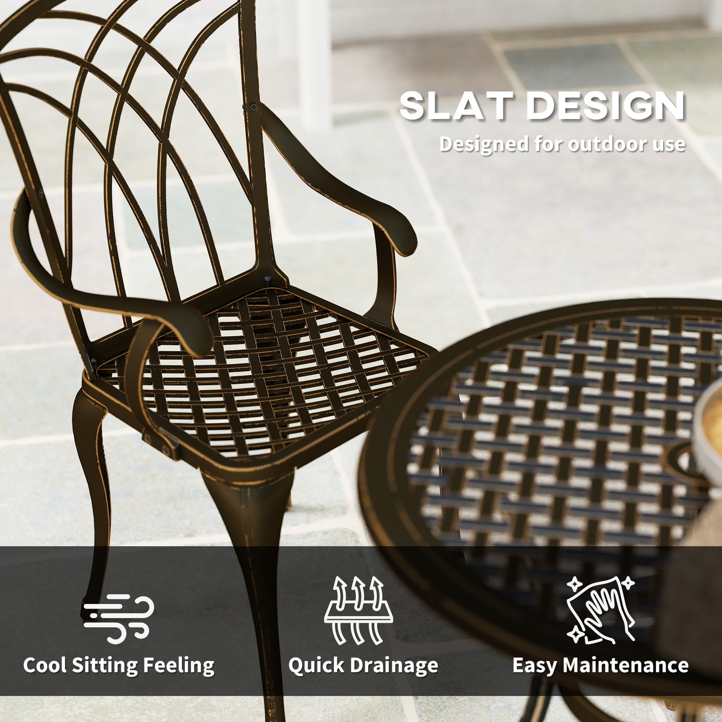 Outsunny 5 Piece Garden Dining Set For 4 Cast Aluminium Outdoor Round Table And Armchairs With Parasol Hole Bronze Tone
