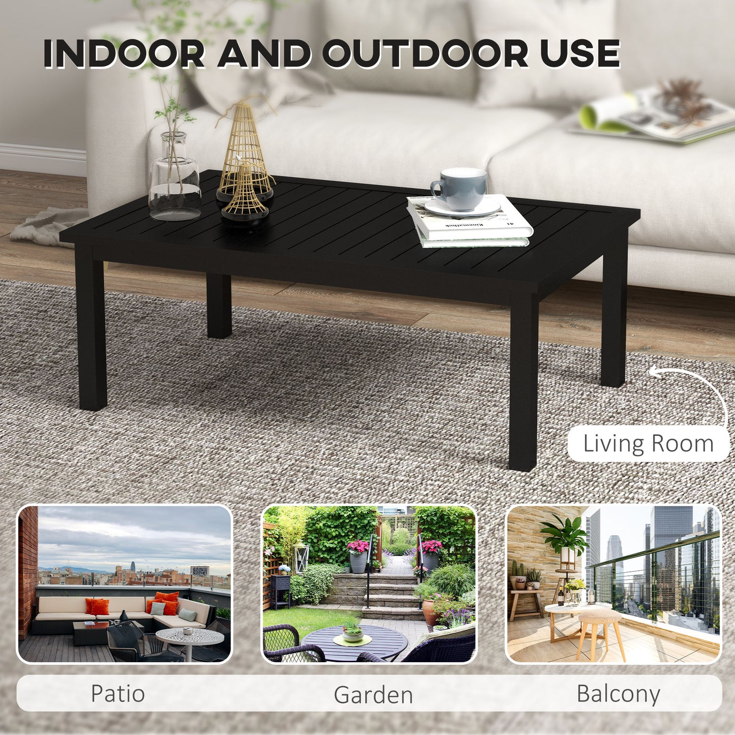 Outsunny 100cm by 60cm Aluminium Outdoor Coffee Table in Black with Slatted Top